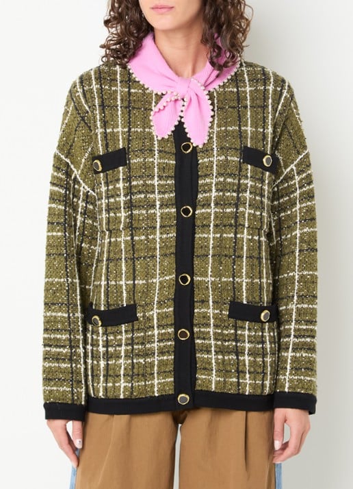 Essentiel Antwerp Kannel grofgebreid vest met ruitdessin en tweed-look - detail mosgroen