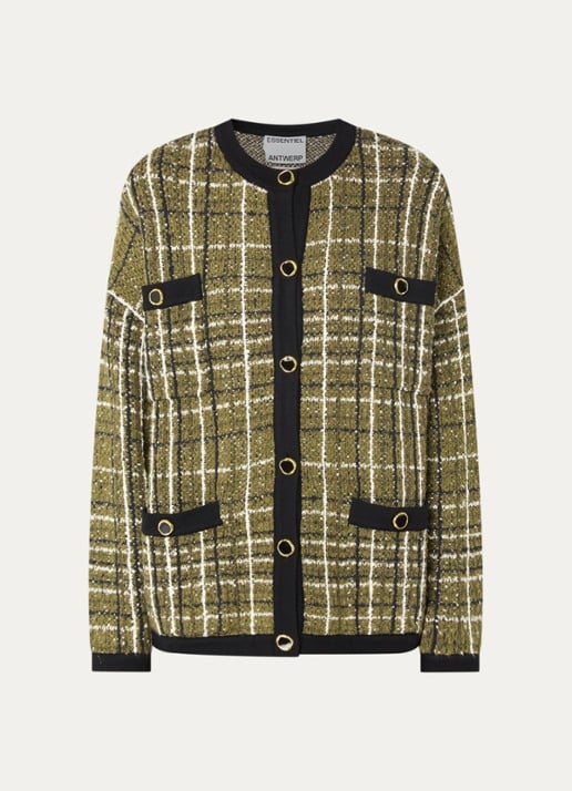 Essentiel Antwerp Kannel grofgebreid vest met ruitdessin en tweed-look - voorkant 3 mosgroen