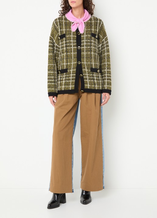 Essentiel Antwerp Kannel grofgebreid vest met ruitdessin en tweed-look - voorkant 4 mosgroen