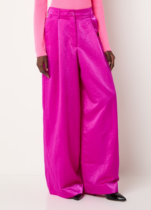 Essentiel Antwerp Karmen high waist wide fit palazzo broek met glanzende finish - detail 3 fuchsia