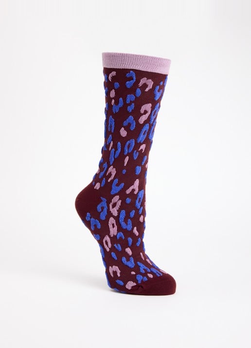 Essentiel Antwerp Karty sokken met luipaardprint en glitter - voorkant 2 bordeauxrood