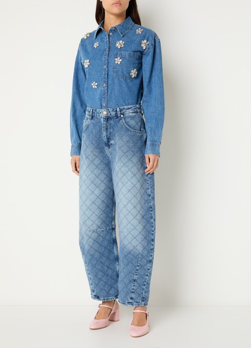 Essentiel Antwerp Katsu mid waist balloon fit jeans met medium wassing en quiltpatroon  - voorkant 2 indigo