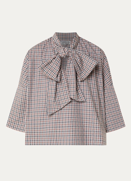 Essentiel Antwerp Kefir blouse met streepprint en sjaalkraag - voorkant 3 grijs