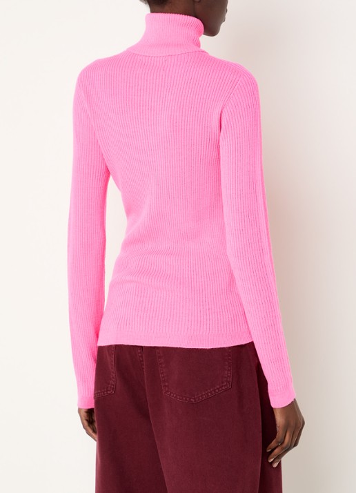 Essentiel Antwerp Kelmuse2 ribgebreide coltrui in wolblend - achterkant neonroze