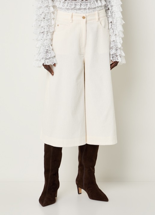 Essentiel Antwerp Kigi mid waist wide fit culotte van corduroy met steekzakken - detail gebroken wit