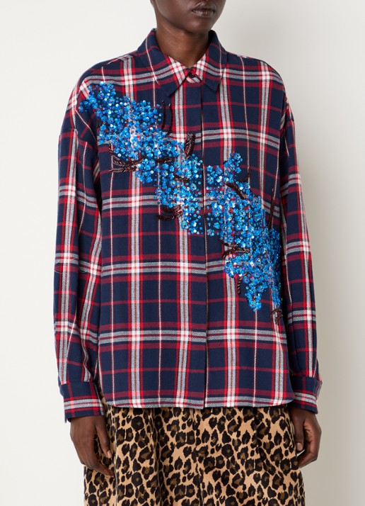 Essentiel Antwerp Kirke blouse met ruitdessin en pailletten - detail donkerblauw