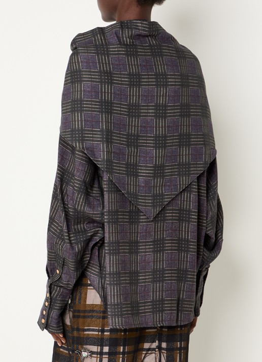Essentiel Antwerp Kiss blouse in wolblend met sjaal in ruitdessin - achterkant 2 olijfgroen