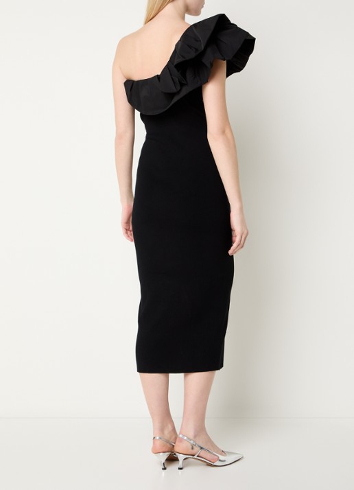 Essentiel Antwerp Klack one shoulder midi jurk - achterkant 2 zwart