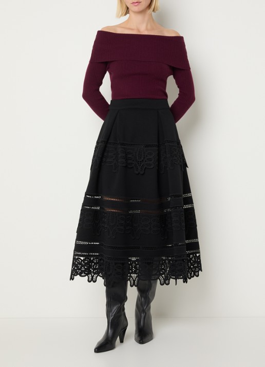 Essentiel Antwerp Kommon midi A-lijn rok met crochet - voorkant 4 zwart