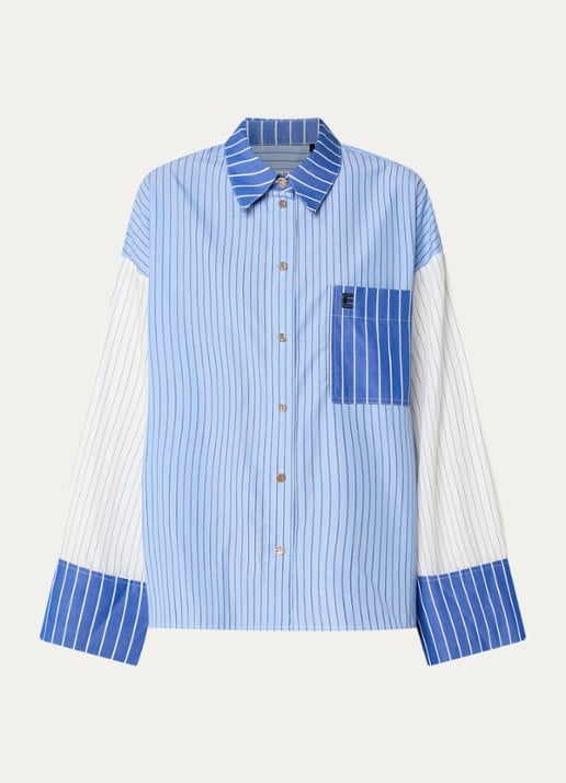 Essentiel Antwerp Kovid blouse met streepprint en trompetmouw - voorkant blauw