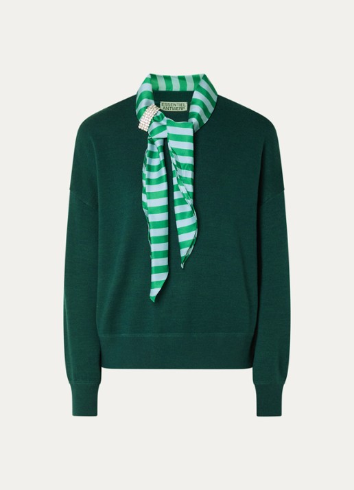 Essentiel Antwerp Kurtis trui in wolblend met sjaalkraag - voorkant 3 donkergroen