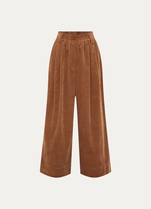 Essentiel Antwerp Mid waist wide fit broek van corduroy met paspelzakken  - voorkant 2 roestbruin