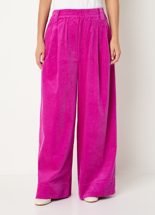 Essentiel Antwerp Mid waist wide fit broek van corduroy met paspelzakken  - detail 2 fuchsia