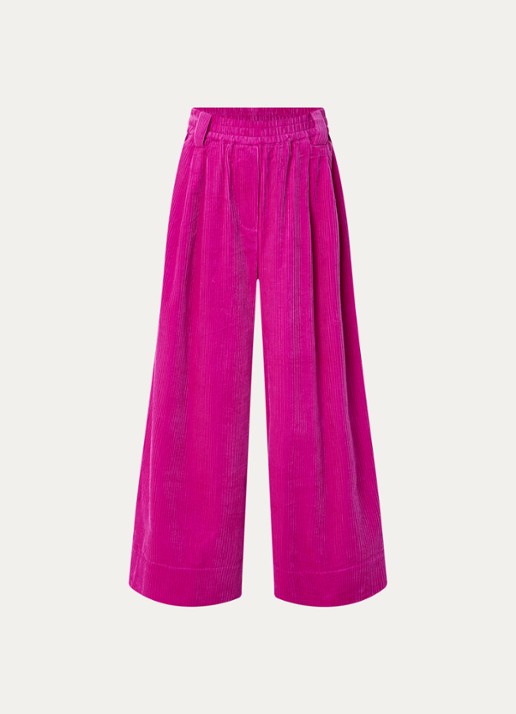 Essentiel Antwerp Mid waist wide fit broek van corduroy met paspelzakken  - voorkant 3 fuchsia