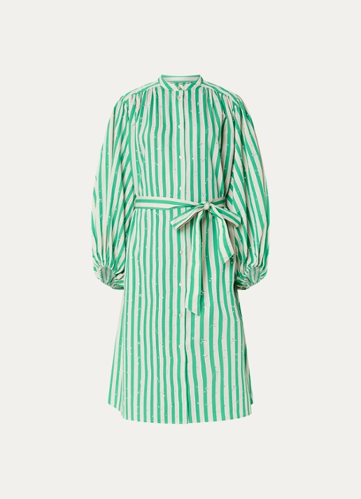 Essentiel Antwerp Midi blousejurk met strass en strikceintuur - voorkant 2 groen