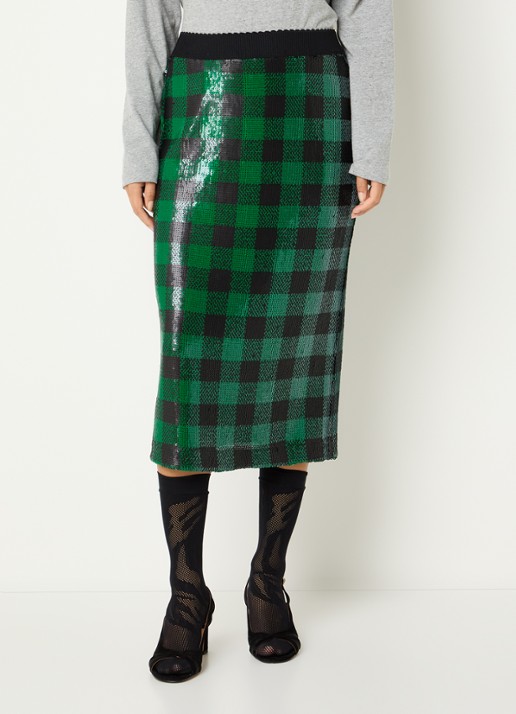 Essentiel Antwerp Midi kokerrok met pailletten en ruitdessin