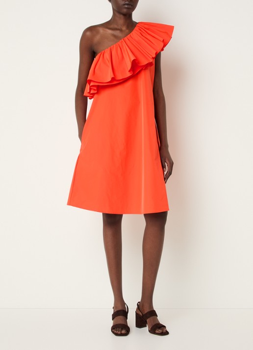 Essentiel Antwerp Mini jurk met asymmetrische hals en volant - voorkant 3 oranjerood
