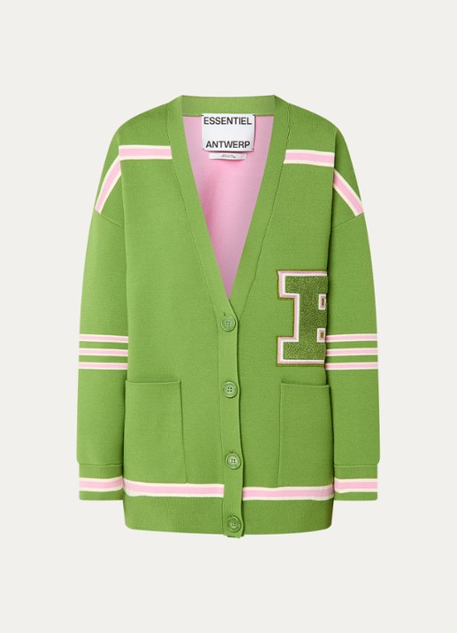 Essentiel Antwerp Openvallend fijngebreid vest met print - voorkant 2 groen