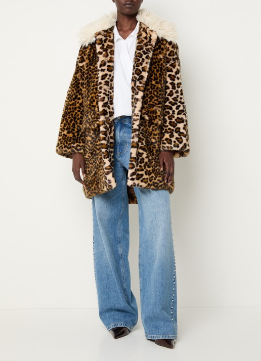Essentiel Antwerp Oversized mantel van imitatiebont met panterprint - voorkant 2 bruin