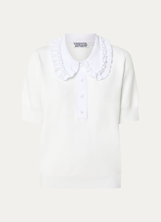Essentiel Antwerp Polo met Peter Pan-kraag en kralendecoratie - voorkant wit