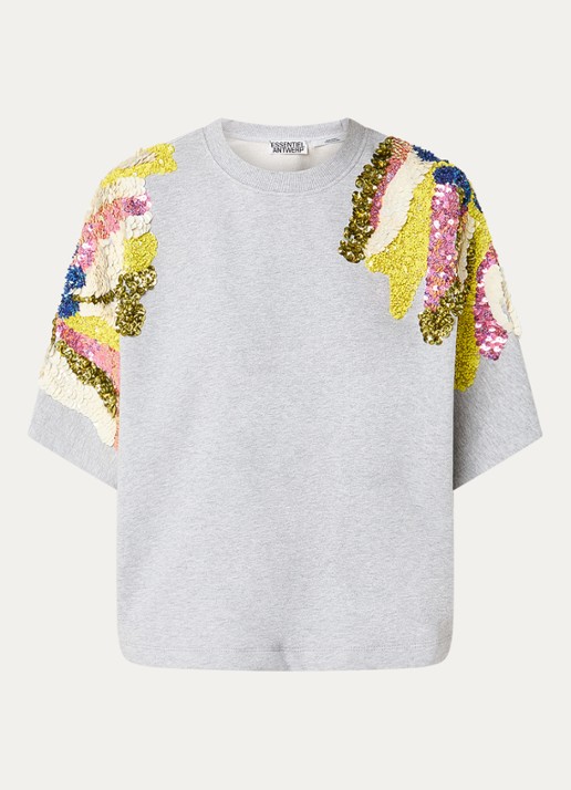 Essentiel Antwerp T-shirt met pailletten - voorkant 3 grijsmele