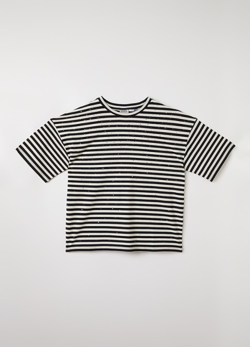 Essentiel Antwerp T-shirt met streepprint en strass  - voorkant 2 zwart