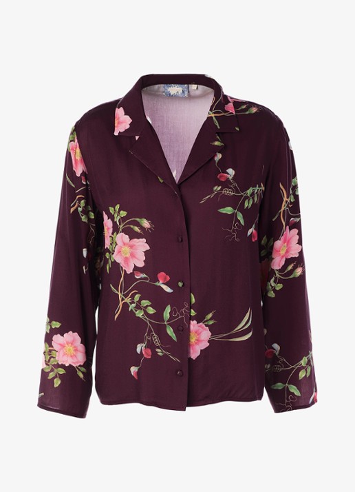 Essenza Elodie Maren loungetop met bloemenprint - voorkant 2 donkerrood