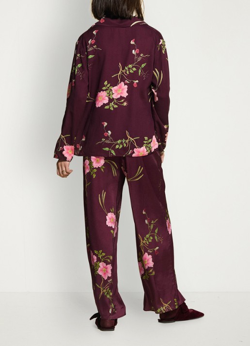 Essenza Ida Maren loungebroek met bloemenprint - achterkant donkerrood
