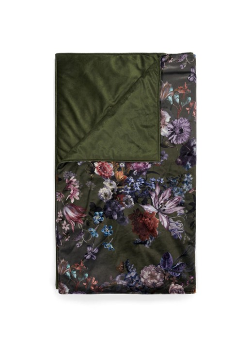 Essenza Isabelle plaid met bloemenprint 170 x 135 cm - voorkant 2 mosgroen