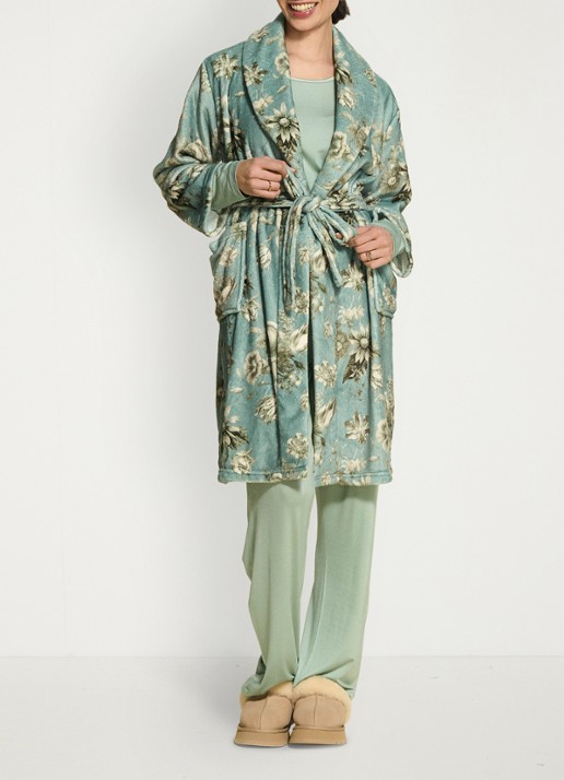 Essenza Steff Florean badjas met bloemenprint - voorkant 2 groen