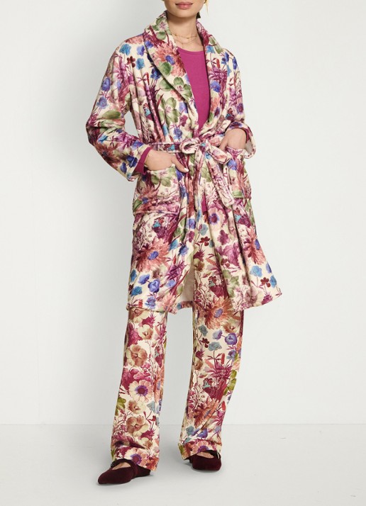 Essenza Steff Violesta badjas met bloemenprint - voorkant 2 vanillegeel