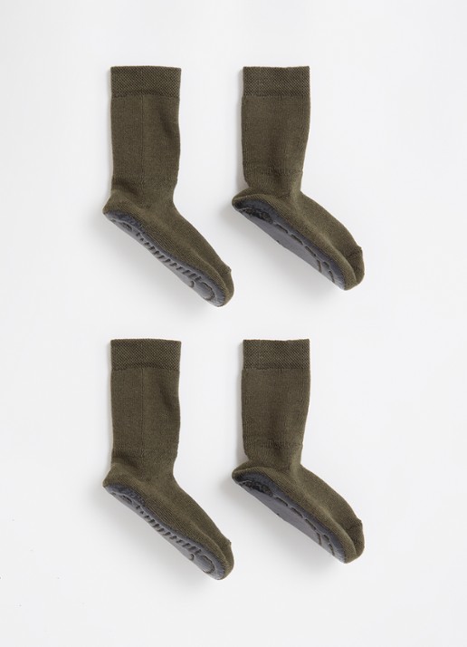 Ewers Huissokken in katoenblend met anti-slip 2-pack - voorkant legergroen
