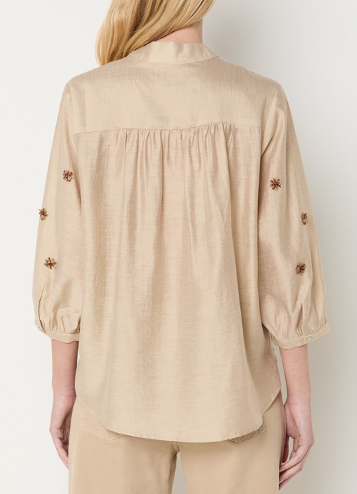 Expresso Blouse in linnenblend met sjaalkraag met applicatie - achterkant 4 beige