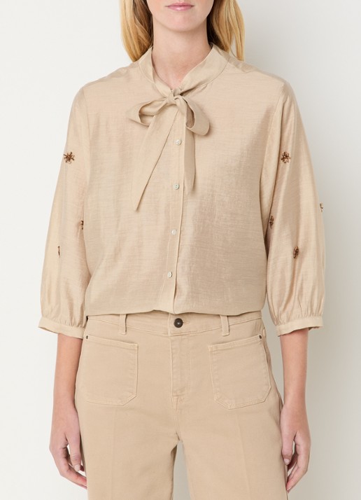 Expresso Blouse in linnenblend met sjaalkraag met applicatie
