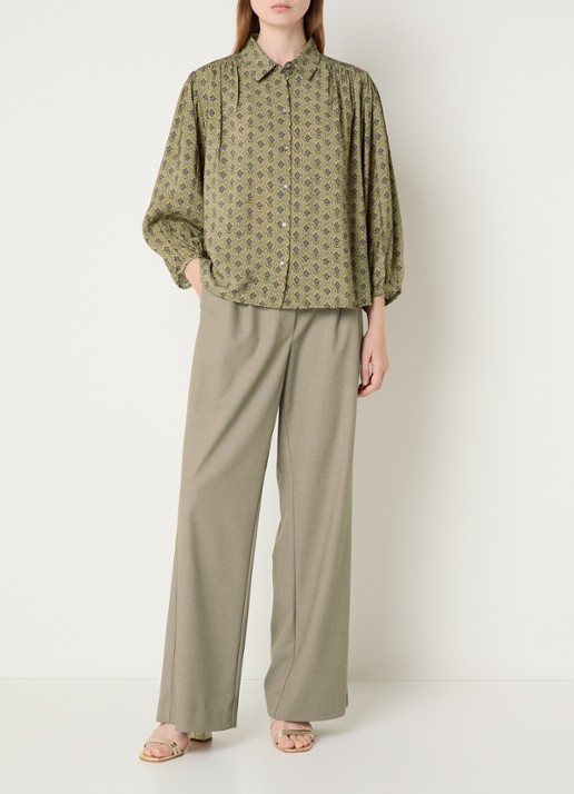 Expresso Blouse met grafisch dessin en ballonmouw - voorkant 4 olijfgroen