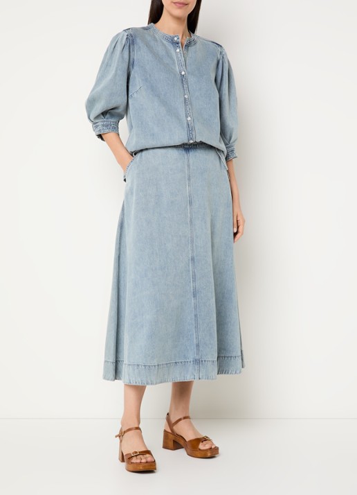Expresso Blouse van denim met pofmouw - voorkant 2 indigo