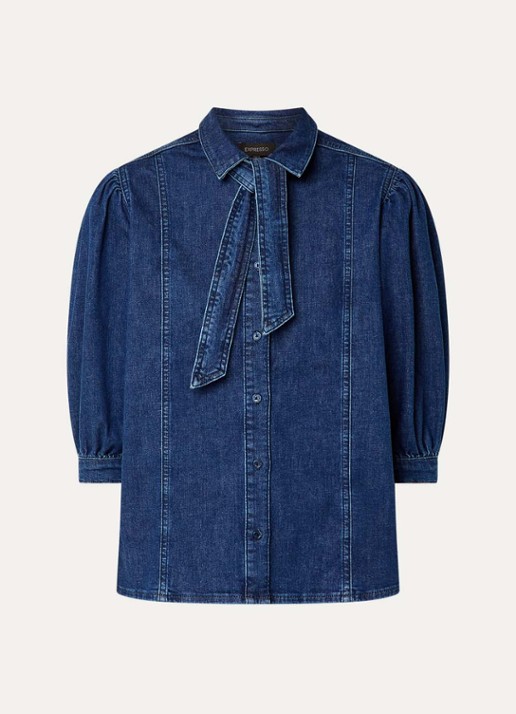Expresso Blouse van denim met sjaalkraag - voorkant 2 indigo