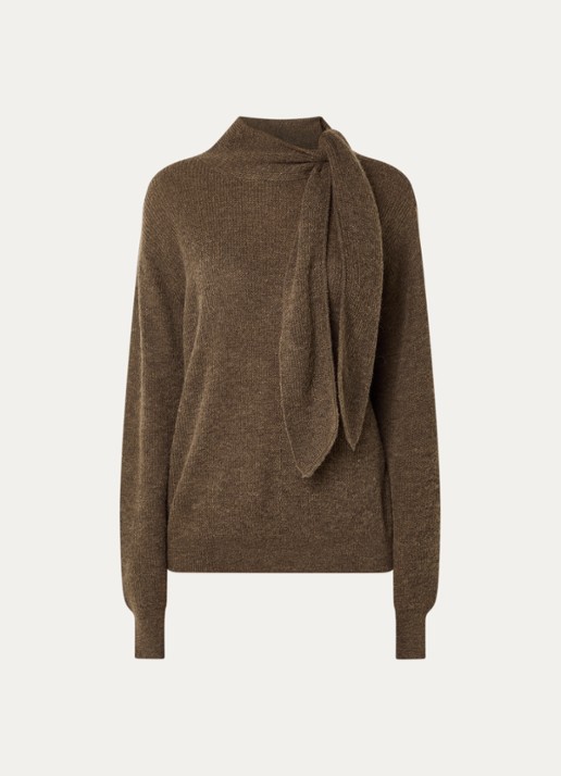 Expresso Fijngebreide pullover in alpaca wolblend met sjaalkraag - voorkant 3 lichtbruin