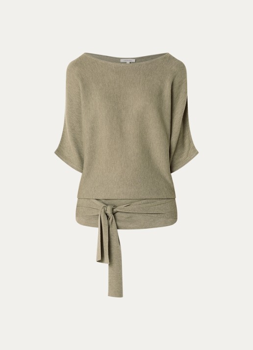 Expresso Fijngebreide pullover in wolblend met strikceintuur - voorkant 2 beige