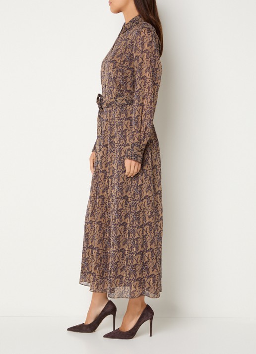 Expresso Maxi blouse jurk met print en strikceintuur - voorkant 4 lichtbruin