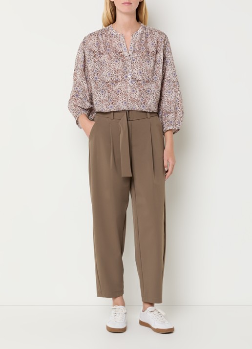 Expresso Mid waist straight fit cropped broek van travelstof met ceintuur - voorkant 4 bruin