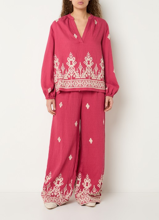 Expresso Mid waist wide fit palazzo broek met borduring - voorkant 2 kersenrood