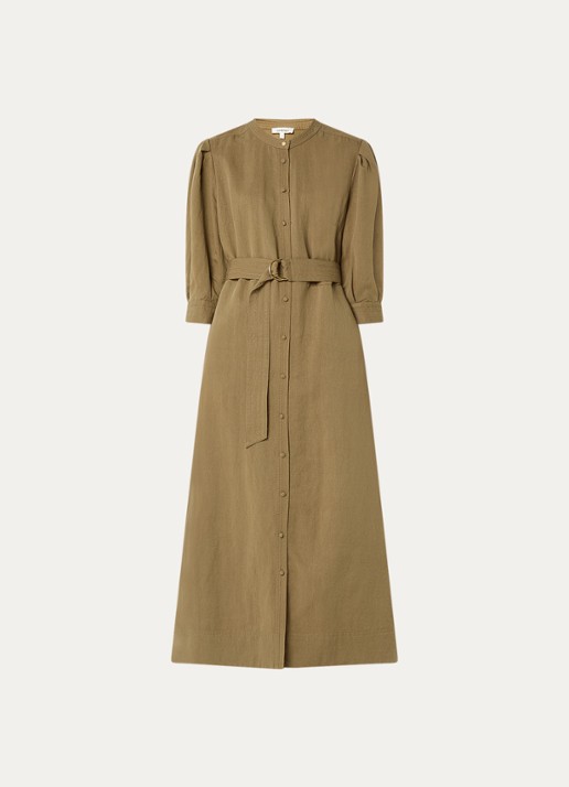 Expresso Midi jurk met ceintuur en ballonmouw - voorkant 2 camel