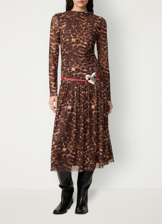 Fabienne Chapot Bello midi jurk met dierenprint en mesh - voorkant 3 bruin