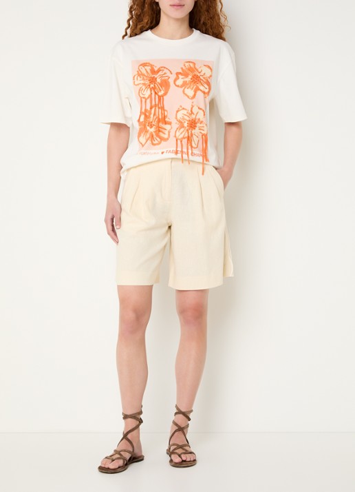 Fabienne Chapot Carlo mid waist straight fit korte broek in linnenblend - voorkant 3 creme