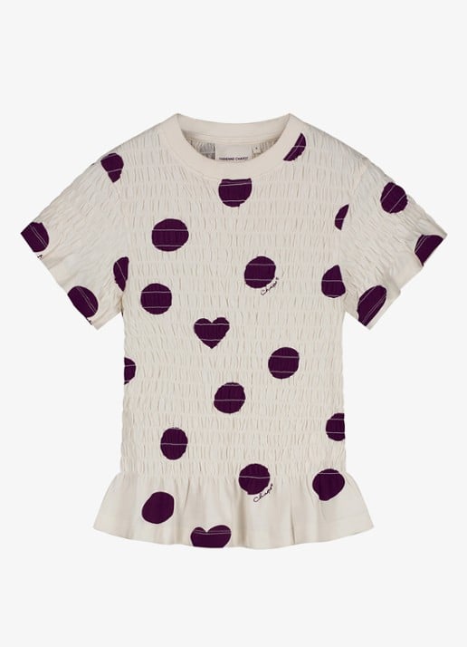 Fabienne Chapot Carmen T-shirt met stippenprint en smockwerk - voorkant gebroken wit