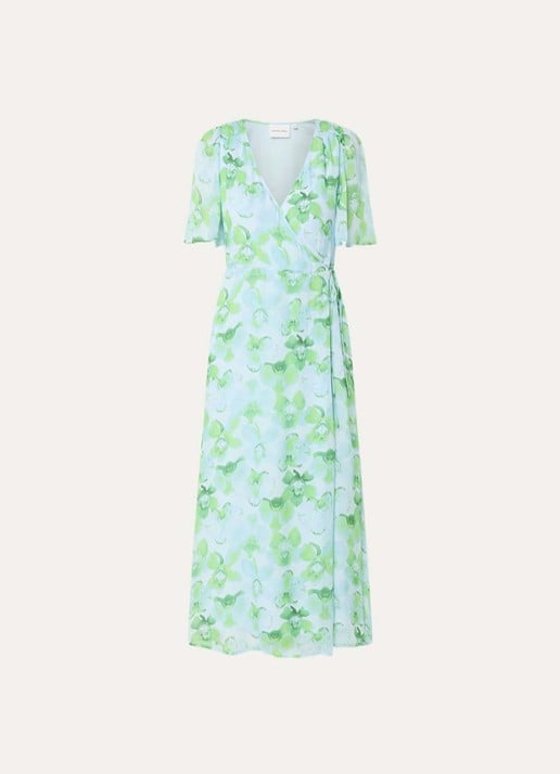 Fabienne Chapot Denise midi tuniekjurk met bloemprint en strikceintuur - voorkant groen