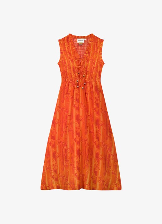 Fabienne Chapot Elou maxi jurk met smockwerk en print - voorkant 2 oranje