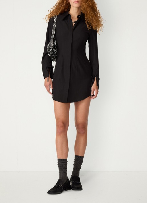 Fabienne Chapot Elvira mini blousejurk met streepprint en gestrikt detail - voorkant 2 zwart