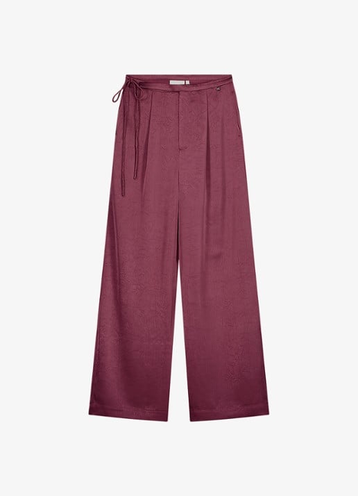Fabienne Chapot Emma high waist wide leg pantalon van satijn met strikdetail - voorkant 3 bordeauxrood